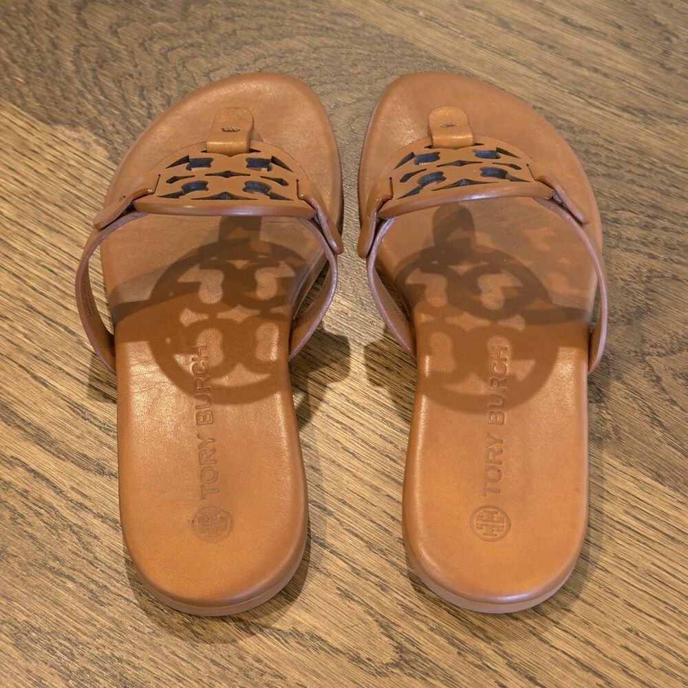 Tory Burch Miller Calf Leather Soft Sandals Women’s Sz 5.5 Bourbon Miele Emblem - Picture 4 of 9